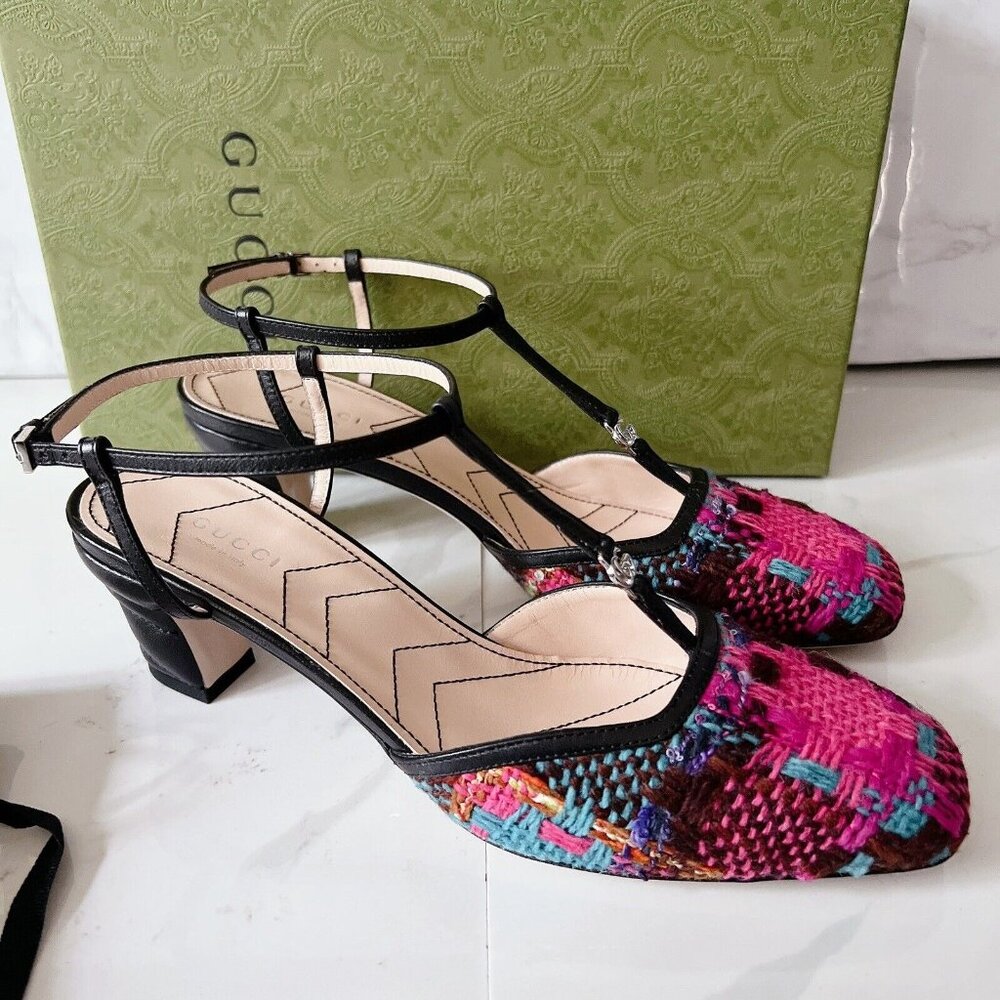 Gucci Marmont 55mm Tweed T-strap Pumps Pink/ Blue/ Black Size EU 39 - Picture 5 of 13